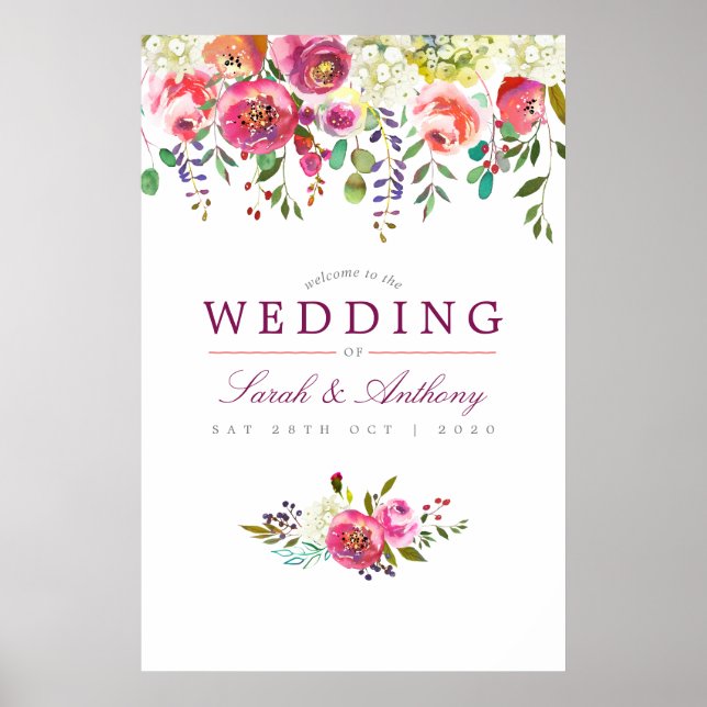 Plum and Peach Watercolor Floral Wedding Welcome Poster (Front)