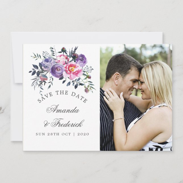 Plum and Pink Floral Wedding Save the Date (Front)