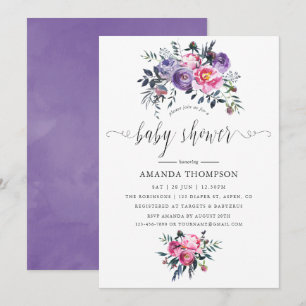 Plum and Pink Watercolor Floral Baby Shower Invitation