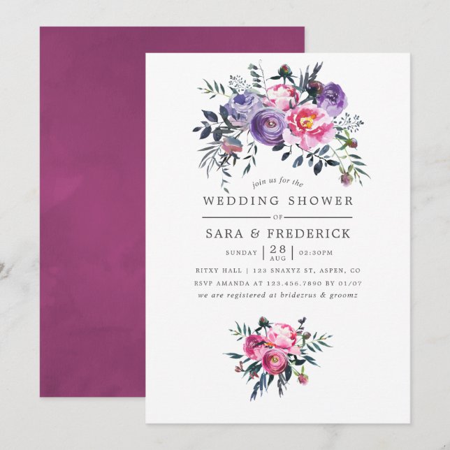 Plum and Pink Watercolor Floral Wedding Shower Invitation (Front/Back)