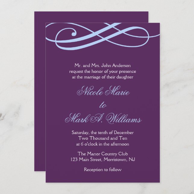 Plum and Powder Blue Swirls Wedding Invitations (Front/Back)
