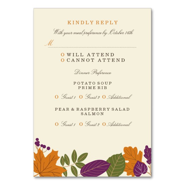 Plum and Pumpkin Fall Wedding Dinner RSVP Table Number (Front)