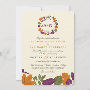 Plum and Pumpkin Fall Wreath Wedding Invitations