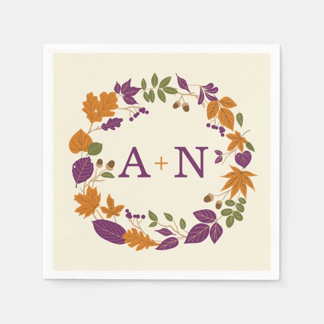 Plum and Pumpkin Fall Wreath Wedding Napkins (Front)