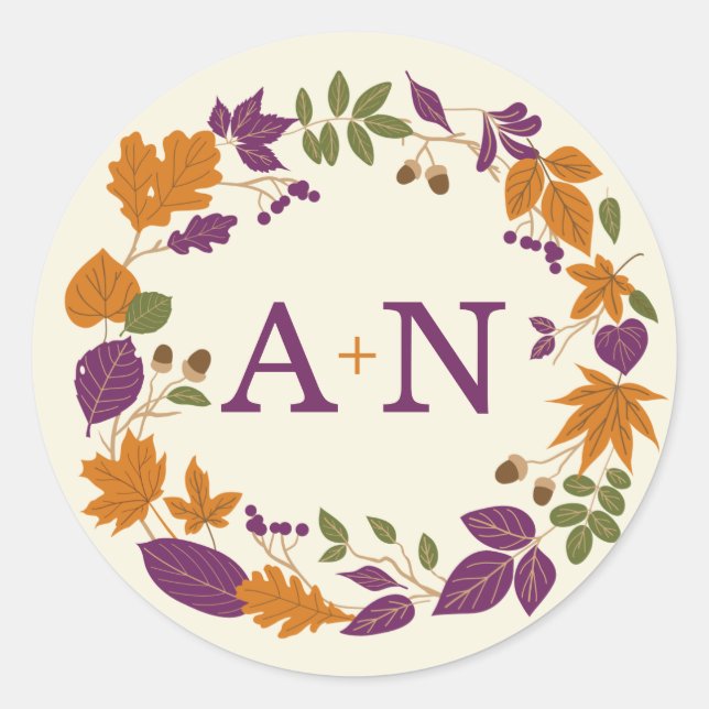 Plum and Pumpkin Fall Wreath Wedding Stickers (Front)