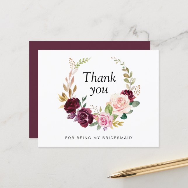 Plum and purple floral Bridesmaid Thank you card (Front/Back In Situ)