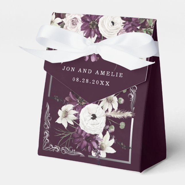 Plum and Silver Geometric Floral Wedding Favour Box (Front Side)
