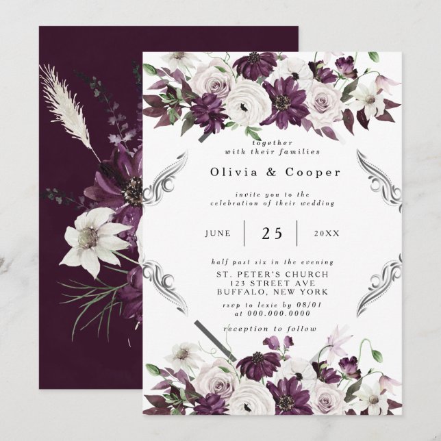 Plum and Silver Geometric Floral Wedding Invitation (Front/Back)