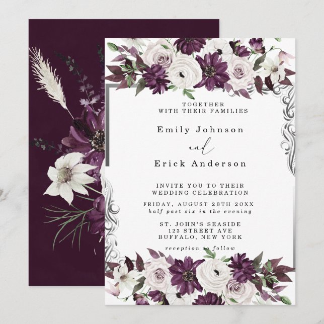 Plum and Silver Geometric Floral Wedding Invitation (Front/Back)
