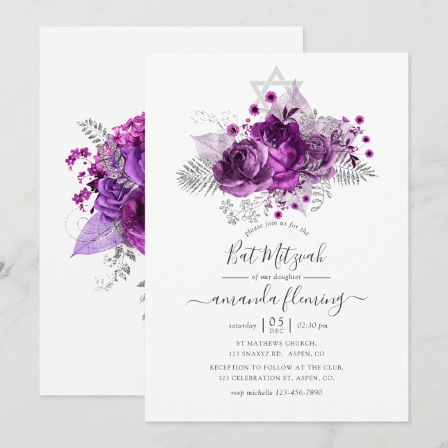 Plum and Silver Watercolor Bat Mitzvah Invitation (Front/Back)
