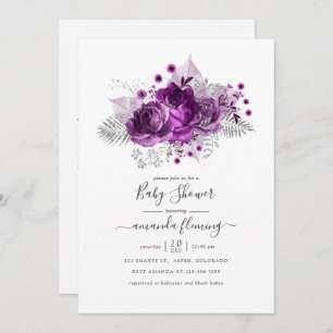 Plum and Silver Watercolor Floral Baby Shower Invitation