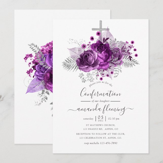 Plum and Silver Watercolor Floral Confirmation Invitation (Front/Back)