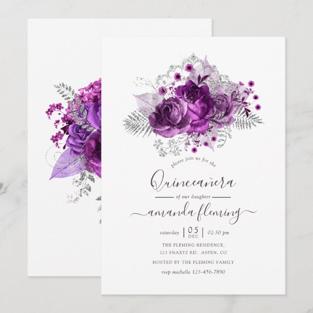Plum and Silver Watercolor Quinceañera Invitation (Front/Back)