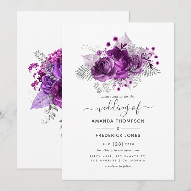 Plum and Silver Watercolor Wedding Invitation (Front/Back)