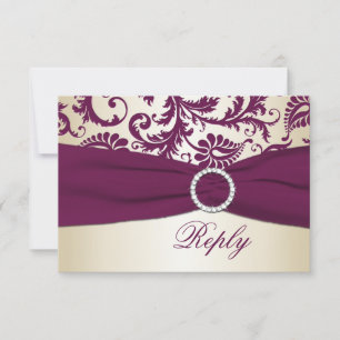 Plum and Taupe Damask with PRINTED Ribbon RSVP Card