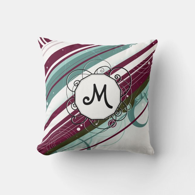 Plum and Teal Modern-Retro Stripes with Monogram Cushion (Front)