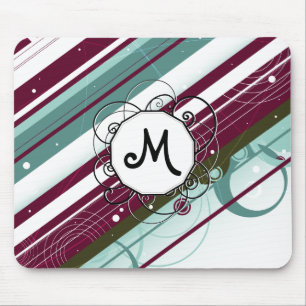 Plum and Teal Modern-Retro Stripes with Monogram Mouse Mat