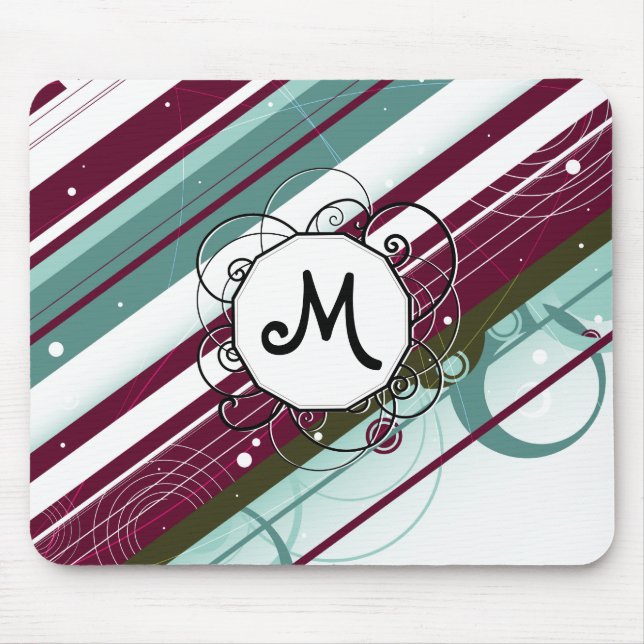 Plum and Teal Modern-Retro Stripes with Monogram Mouse Mat (Front)