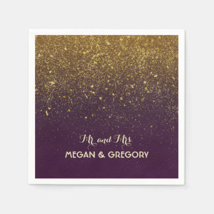 Plum and Vintage Gold Glitter Wedding Napkin