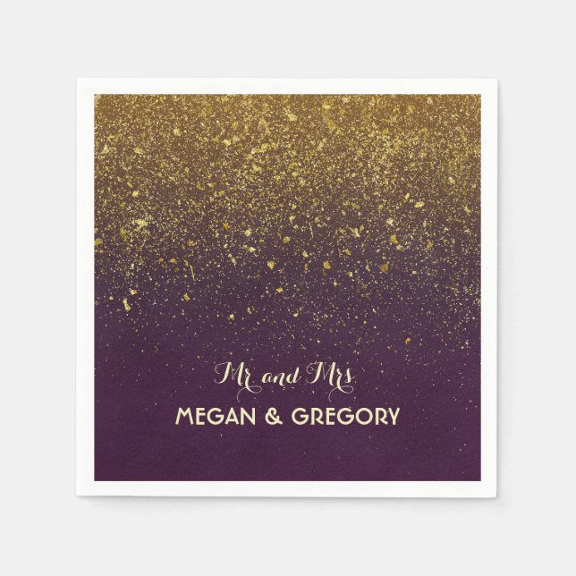 Plum and Vintage Gold Glitter Wedding Napkin (Front)