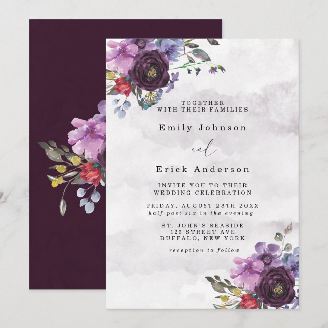 Plum and Violet Chic Peony Wedding Invitation (Front/Back)