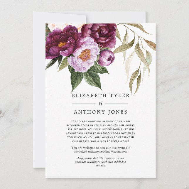 Plum and Violet Floral Wedding Reduced Guest List Announcement (Front)