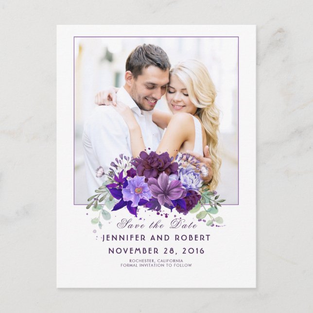 Plum and Violet Purple Floral Save the Date Announcement Postcard (Front)