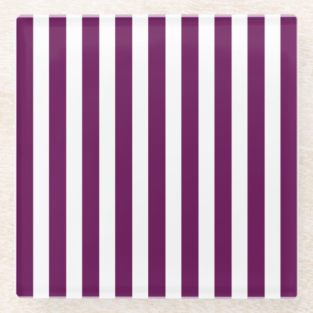 Plum and white candy stripes glass coaster (Front)
