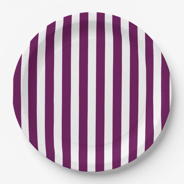 Plum and white candy stripes paper plate (Front)