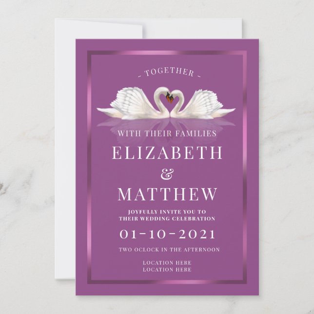 Plum and White Colour Theme with Swans Invitation (Front)