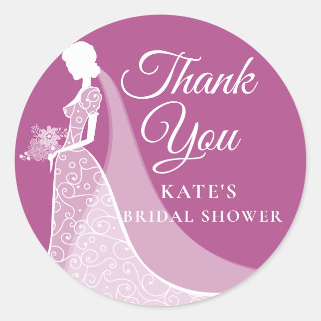 Plum and White Elegant Lace Gown Bridal Shower Classic Round Sticker (Front)
