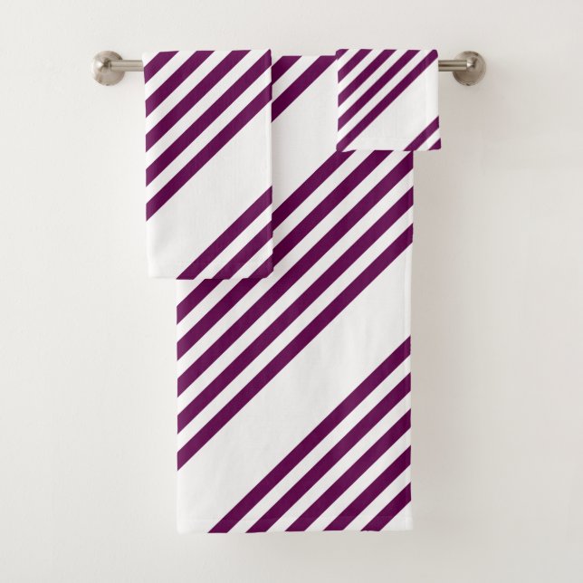 Plum and white five stripe pattern bath towel set (Insitu)