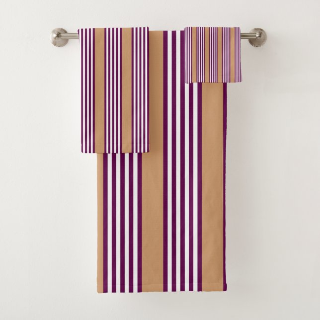 Plum and white five stripes pattern with tan bath towel set (Insitu)