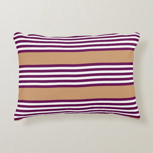 Plum and white five stripes pattern with tan decorative cushion (Front)