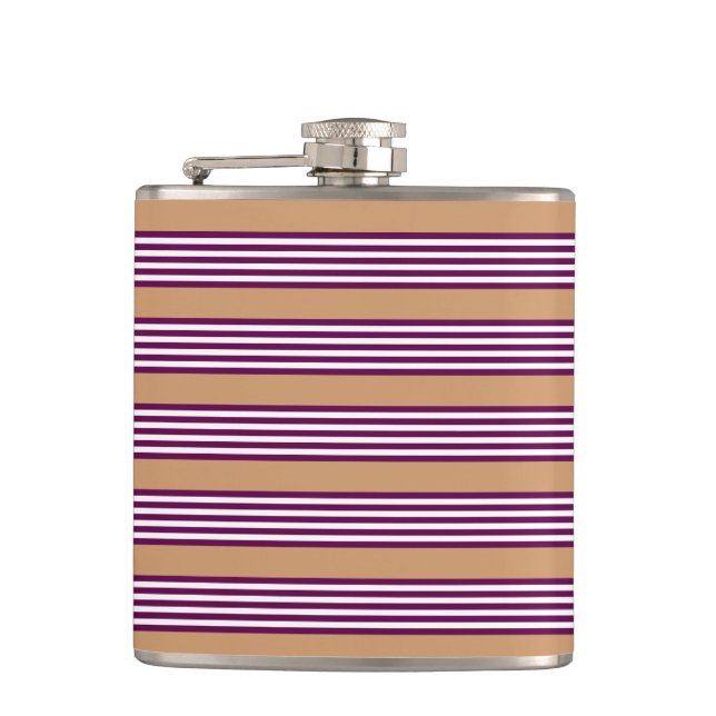 Plum and white five stripes pattern with tan hip flask (Front)