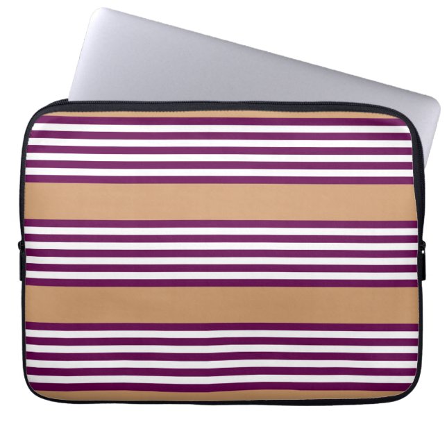 Plum and white five stripes pattern with tan laptop sleeve (Front)