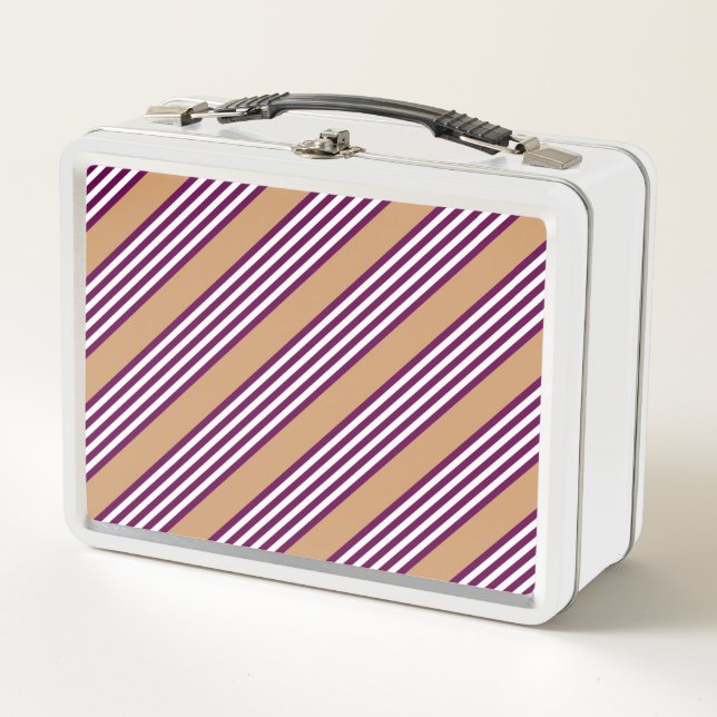 Plum and white five stripes pattern with tan metal lunch box (Front)