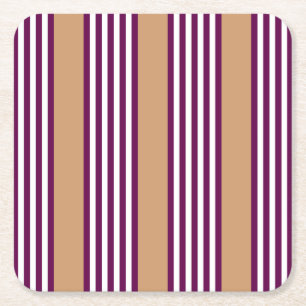 Plum and white five stripes pattern with tan square paper coaster