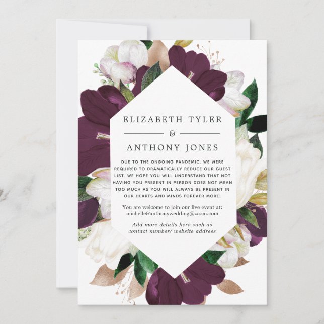 Plum and White Floral Wedding Reduced Guest List Announcement (Front)