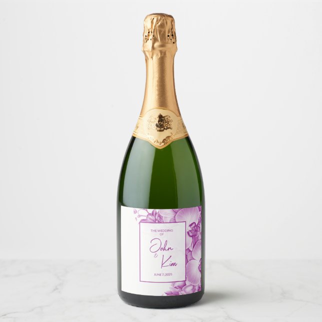 Plum and White Orchids Wedding Sparkling Wine Label (Front)