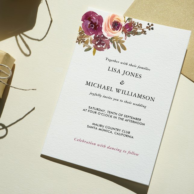 Plum and Yellow Rose Watercolor Wedding Invitation (Creator Uploaded)