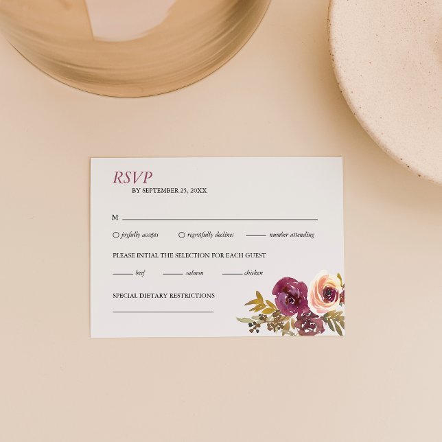 Plum and Yellow Rose Watercolor Wedding RSVP Card (Creator Uploaded)