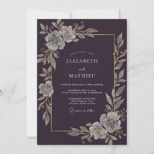 Plum Antique Silver Vine Wedding Invitation