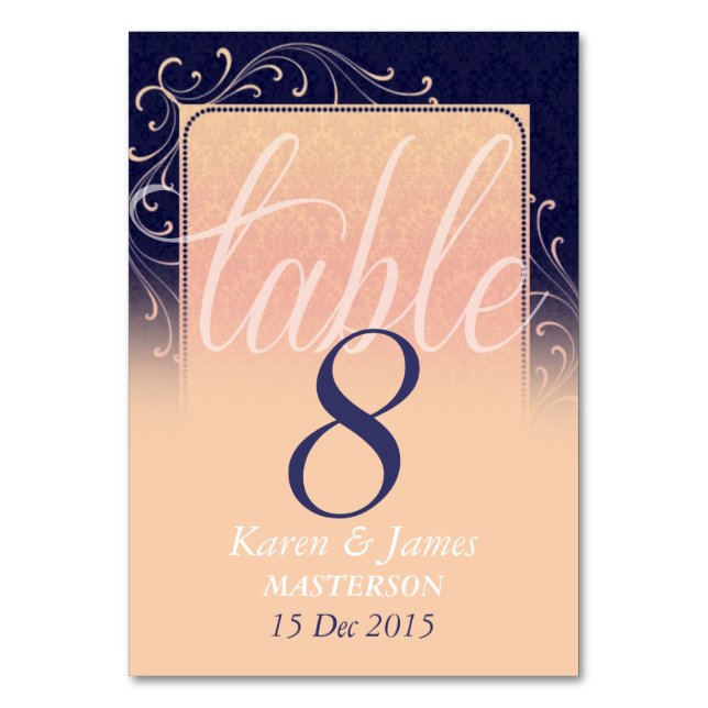 Plum & Apricot Damask Dream Wedding Table Number (Front)