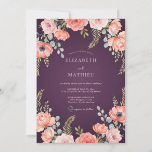 Plum Apricot Peony Wedding Invitation