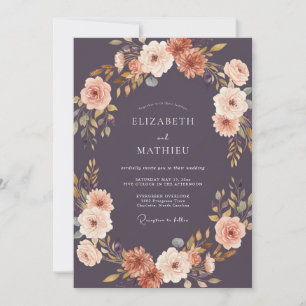 Plum Apricot Ranunculus Grey Eucalyptus Wedding Invitation