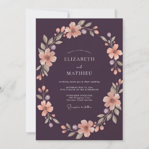 Plum Apricot Wreath Wedding Invitation