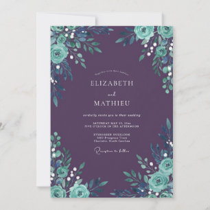 Plum Aqua Blossom Wedding Invitation
