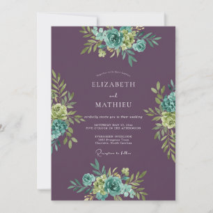 Plum Aqua Floral Watercolor Wedding Invitation