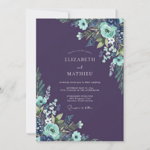 Plum Aqua Ranunculus Eucalyptus Wedding Invitation